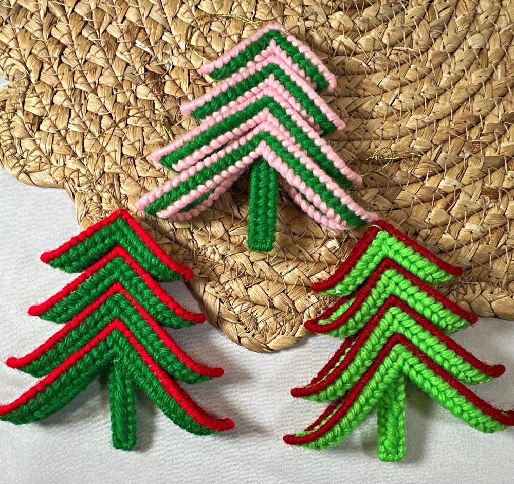 Vintage Plastic Canvas Set of 3 Christmas Tree Yarn Ornaments Green Red Pink